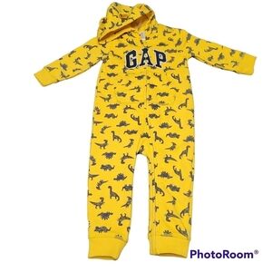 Gap Yellow Full Zip Dinosaur Graphic Hooded One Piece Jumpsuit 18-24 Months